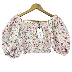 Sokie Collective Puff Sleeve Smocked Top Women Small‎ Greenwich Floral Cottage